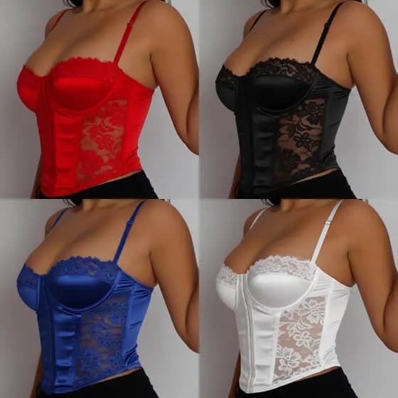 Cropped PAOLA Corselet detalhe renda alça fechamento frontal luxo moda roupas femininas Corset