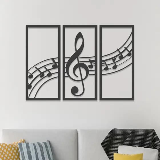 Trio de Quadros Decorativo Notas Musicais MDF Preto 40X20