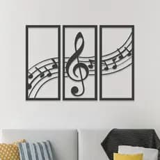 Trio de Quadros Decorativo Notas Musicais MDF Preto 40X20