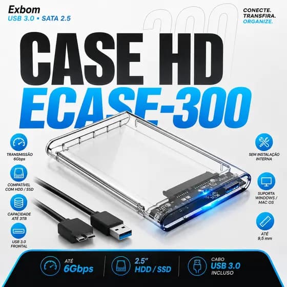 Case HD Externo SSD 2.5 USB 3.0 Transparente Gaveta SATA Exbom