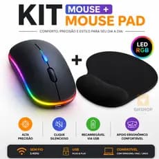 Kit Mouse Sem Fio Recarregavel Para Notebook Rgb + Mouse Pad Apoio Punho