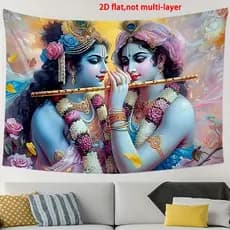 Radha Krishna - Banner Decorativo  Vibrante em Poliéster com Design Floral e Pássaro, Decoração