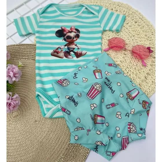 Kit Conjunto Body Bebê 3 peças Manga Curta e Short Tapa Fralda Canelado 100% Algodão