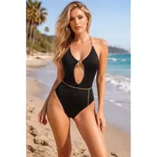 Body Feminino Maiô Luxo Preto com Recorte Frontal e Corrente Dourada – Moda Praia Elegante Verão