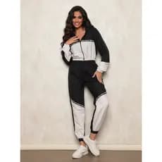 conjunto feminino corta vento blogueira jaqueta e calça capuz poxete bicolor