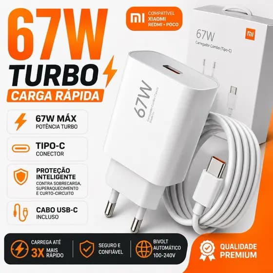 Carregador Turbo 67W Xiaomi Tipo C Redmi Poco Carga Rápida + Cabo USB-C