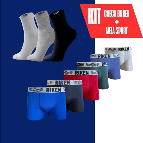 Kit Cuecas Boxer Microfibra 7 Unidades + 3 Pares de Meias Masculina Cano Médio