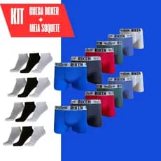 Kit Cuecas Boxer Masculino Adulto 10 Unidades + 12 Pares Meias Soquete 100% Algodão
