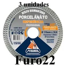kit 3 Disco Porcelanato Referencia Corte Ultra Fino 115mm  furo 22