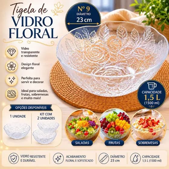 Tigela de Vidro 23cm Floral Transparente Bowl Grande Saladeira Fruteira Decoração