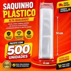 Saquinho plástico, medida 4×14  com 500 unidades.