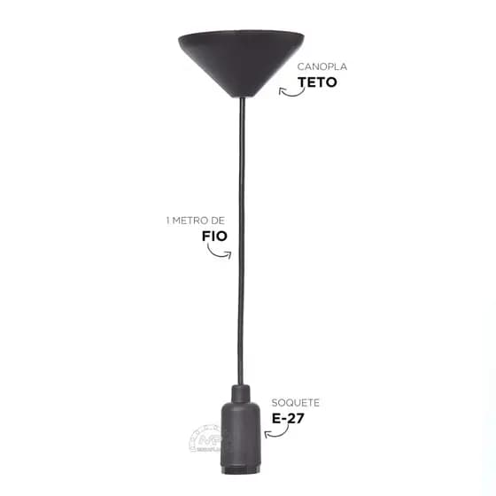 1 Fio Pendente Cabo Pp 2 metros t Lustre Soquete E27