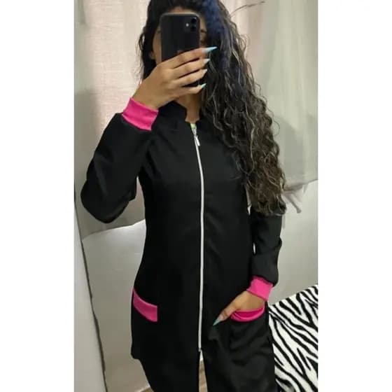 jaleco gola padre feminino de zíper para salão, enfermagem, dentista