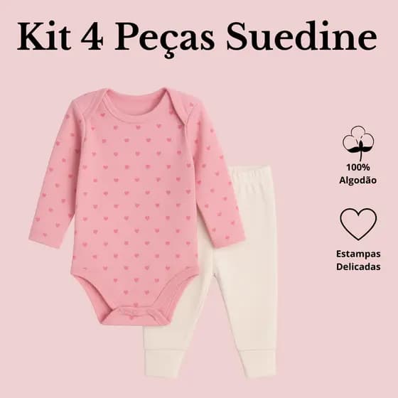 4 Peças Bebê 2 Body Manga Longa e 2 Mijão Suedine 100%  Kit Algodão Meninas e Meninos Maternidade Enxoval