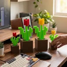 Vaso de Flor Tulipa Pixel Art | Decoração Setup Gamer e Festa | Estilo Blocos 3D
