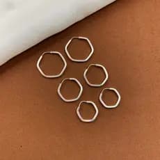 Trio De Brincos Argolas Sextavada Em Prata 925