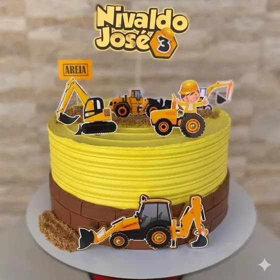 Topo De Bolo Personalizado com Nome e Idade topper Retroescavadeira trator escavadeira
