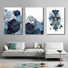 Quadro Decorativo Abstrato Azul Ciano E Dourado Kit 3 Peças Decoração Para Quarto Sala
