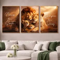 Kit 3 Quadro decorativo Leão Inspiração Família Fé Sala De Estar Quarto 122x60 Decoração De Parede