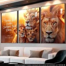 Quadro Decorativo Kit 3 Peças Leão Família Salmo 23:1 Alta Resolução Decoração De Parede Para Quarto Sala