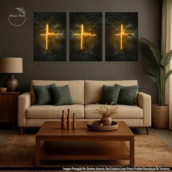 Quadro Decorativo 3 Peças 120x60cm Foco Força Fé