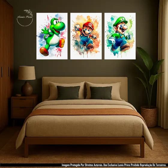 Quadro Decorativo 3 Peças 120x60cm Jogos Mario Luigi Yoshi Pintura Aquarela