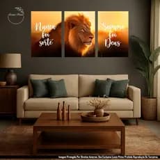 Quadro Decorativo 3 Peças 120x60cm Leão Pôr do Sol Nunca foi Sorte, Sempre foi Deus
