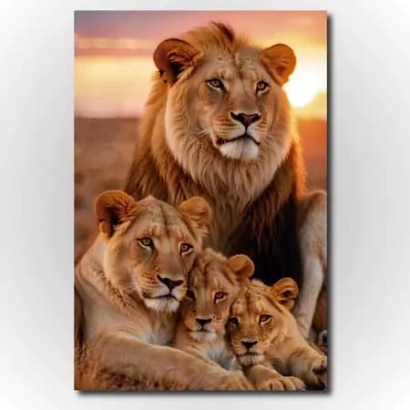 Quadro Decorativo Família de Leões ao Pôr do Sol – Arte Elegante e Impactante