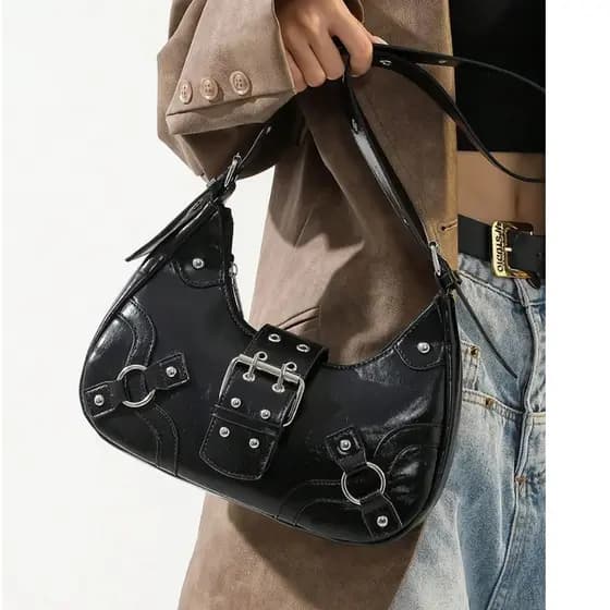 Bolsa Feminina Media De Ombro Baguete Para Festa Festival Rock Y2K Bolsa Preta Prateada Com Fivela