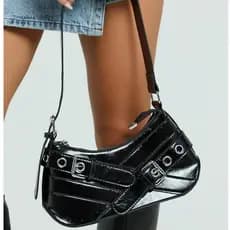 Bolsa Feminina Media De Ombro Baguete Para Festa Festival Rock Y2K Bolsa Preta Prateada Com Fivela