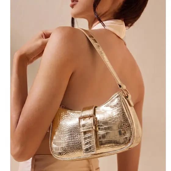 Bolsa Feminina De Ombro Para Festa Dourada Prateada Punk Y2K Bolsa Baguete