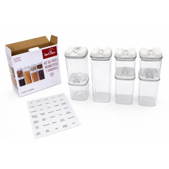 Kit 7 Potes Herméticos transparente com vedação para Cozinha e Organização de ambiente.