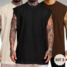 Kit 3 Regata Masculina Oversized Camiseta Larga Lisa Para Academia Treino Maromba