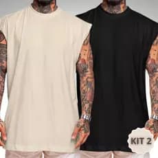 Kit 2 Regata Masculina Oversized Camiseta Larga e Lisa Para Treino 100% Algodão