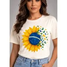 Camiseta do Brasil Feminina T-Shirt Estampada BabyLook Blusa Estilosa Girassol