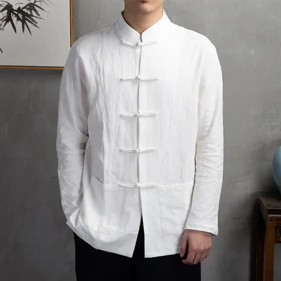 Lightweight Breathable Men Shirt Chinese Retro Style Men's Autumn Mandarin Collar Long Sleeve Tai Chi Kung Fu Top with P