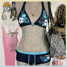 Conjunto De Biquíni SUEBR , Roupa De Banho Vintage Com Estampa De Flores E Alça Halter , Maiô Ajustável De Cintura Baixa
