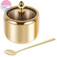 Recipiente De Açúcar De Aço Inoxidável 304 Com Tampa De Vidro Transparente E Colher Açucareiro Dourado Frasco 10 Onças Caixa De Tempero Segura Para Máquina De Lavar Louça Pote De Condimento Multifuncional Sal SHOPSKC2996