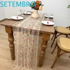 2024-09-01 Corredor De Mesa Bordado Margarida , Elegante De Tule Boho , Toalha Floral Fácil De Limpar