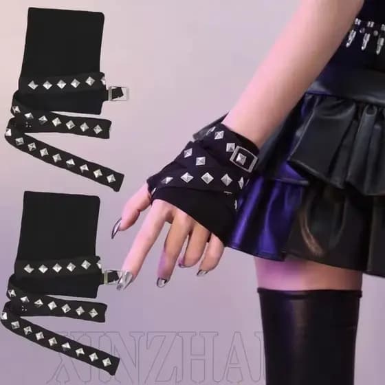 Luvas Pretas Com Alça De Rebite – Para Mulheres E Homens Performance Em Palco Y2K , Punk , Roupa De Rua Retrô De Meio De