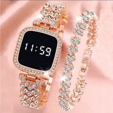 Moda Feminina Conjunto De Relógio Pulseira Grátis Quadrado LED Senhoras Liga Toque Eletrônico