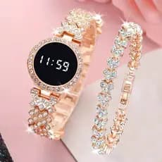 Conjunto De Relógio Digital Led Feminino Pulseira Gratuita Redonda Relógios Eletrônicos De Toque