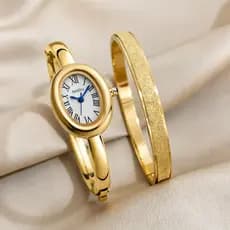 2 Pçs Conjuntos De Relógio Feminino Livre Liga De Ouro Pulseira De Aço Inoxidável Pequena Retro De Quartzo