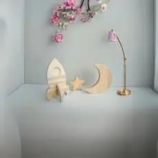 Kit Especial decoração espaço, Lua Foguete Estrela, de Madeira Pinus