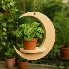 Prateleira Boho Suspensa Lua Crescente • Decoração Natural Artesanal em Madeira