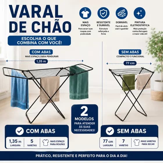 Varal de Chão Dobrável Grande 1,35m Aço com Abas ou Sem Abas Roupa Apartamento