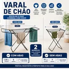 Varal de Chão Dobrável Grande 1,35m Aço com Abas ou Sem Abas Roupa Apartamento