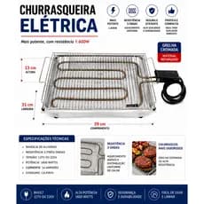 Churrasqueira Elétrica 1600W Grelha Cromada Residencial Fácil Limpeza