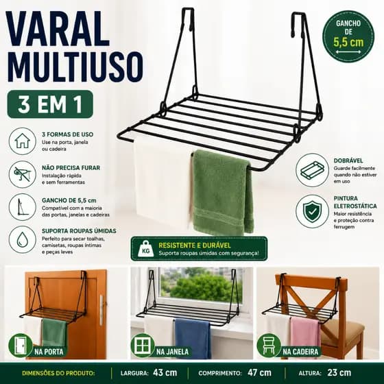 Varal Multiuso Portátil Dobrável 3 em 1 para Porta Janela Cadeira Apartamento Sem Furos