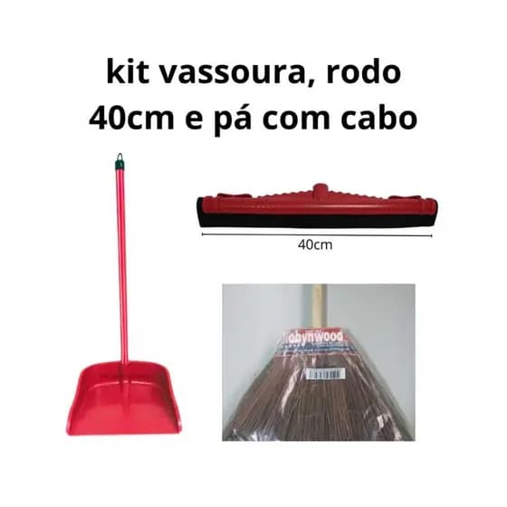 Kit Vassoura Piaçava, Rodo 40cm e Pá de Lixo com cabo